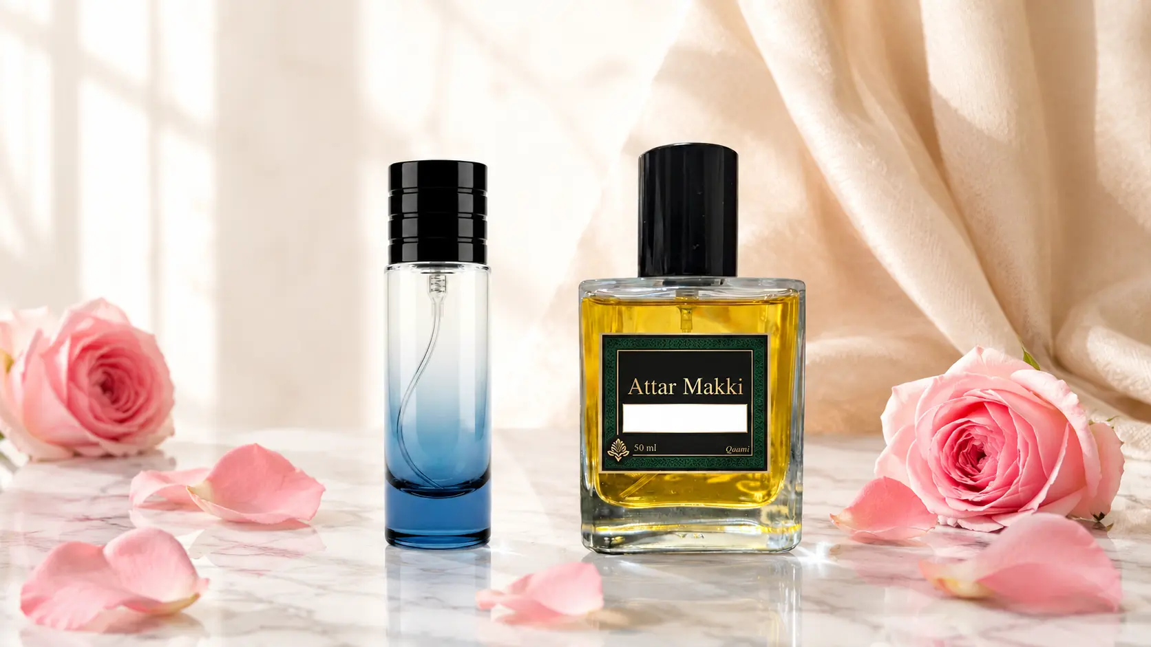 Perfume 30ml vs 50ml — Best Size to Buy in Pakistan 2025 30ml and 50ml perfume bottles comparison on marble surface — buy the right size in Pakistan 2025